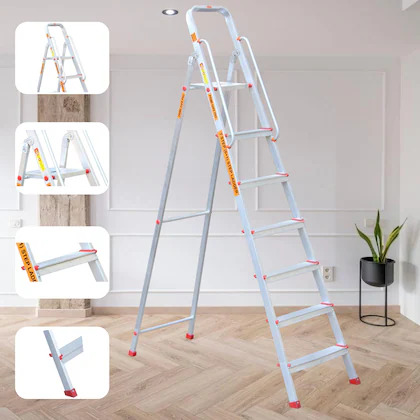 Prime Safe Pro 7 Step (6+1) Foldable Aluminium Ladder for Home and Office Use with Hand-Rails